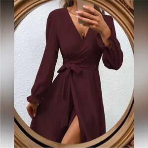 SHEIN Deep Wine Wrap Mini Dress – Long Sleeve (L)